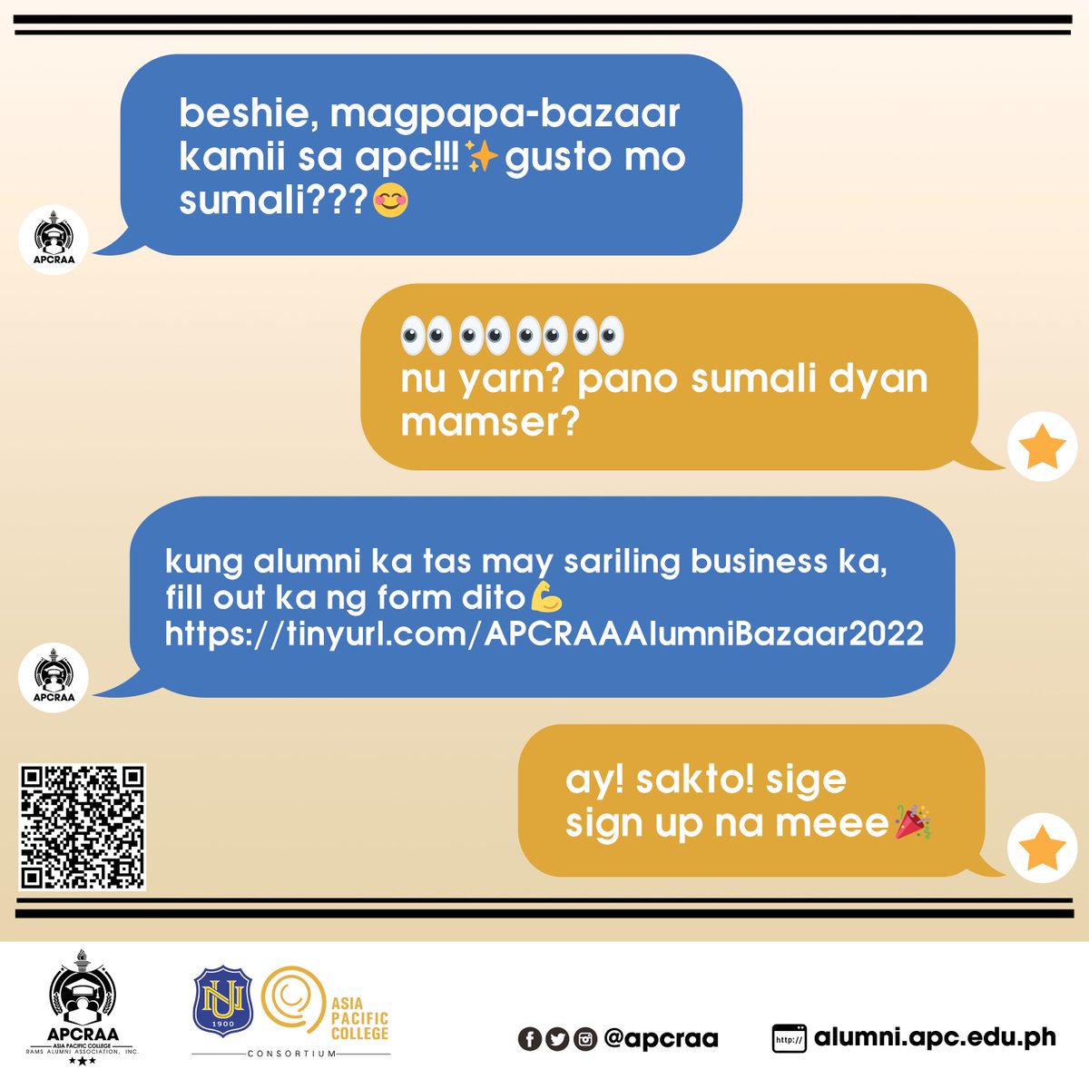 apcraa's tweet photo. Pssst! Magpapa-bazaar kami!! 

Kung APC alumni kayo and meron kayong sariling business, wag kayo mag hesitate na mag-fill out ng form! Pwede mo rin i-scan ang QR code sa graphic kasama ng post na ito! 👏

https://t.co/DlAERJtVVP https://t.co/1o130qHg8i