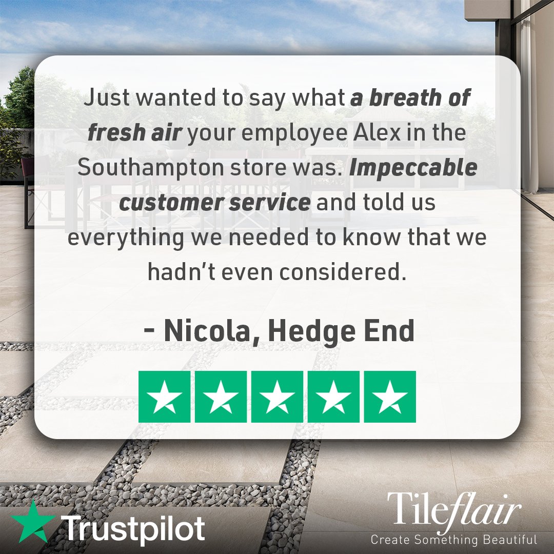 Store Manager, Alex, is leading by example in one of our latest #reviews! 👏

Our aim is to provide you with ✅your dream product ✅a fantastic shopping #experience ✅any extra advice you need to fulfil your vision

Well done Alex for providing the ✨Tileflair Experience✨