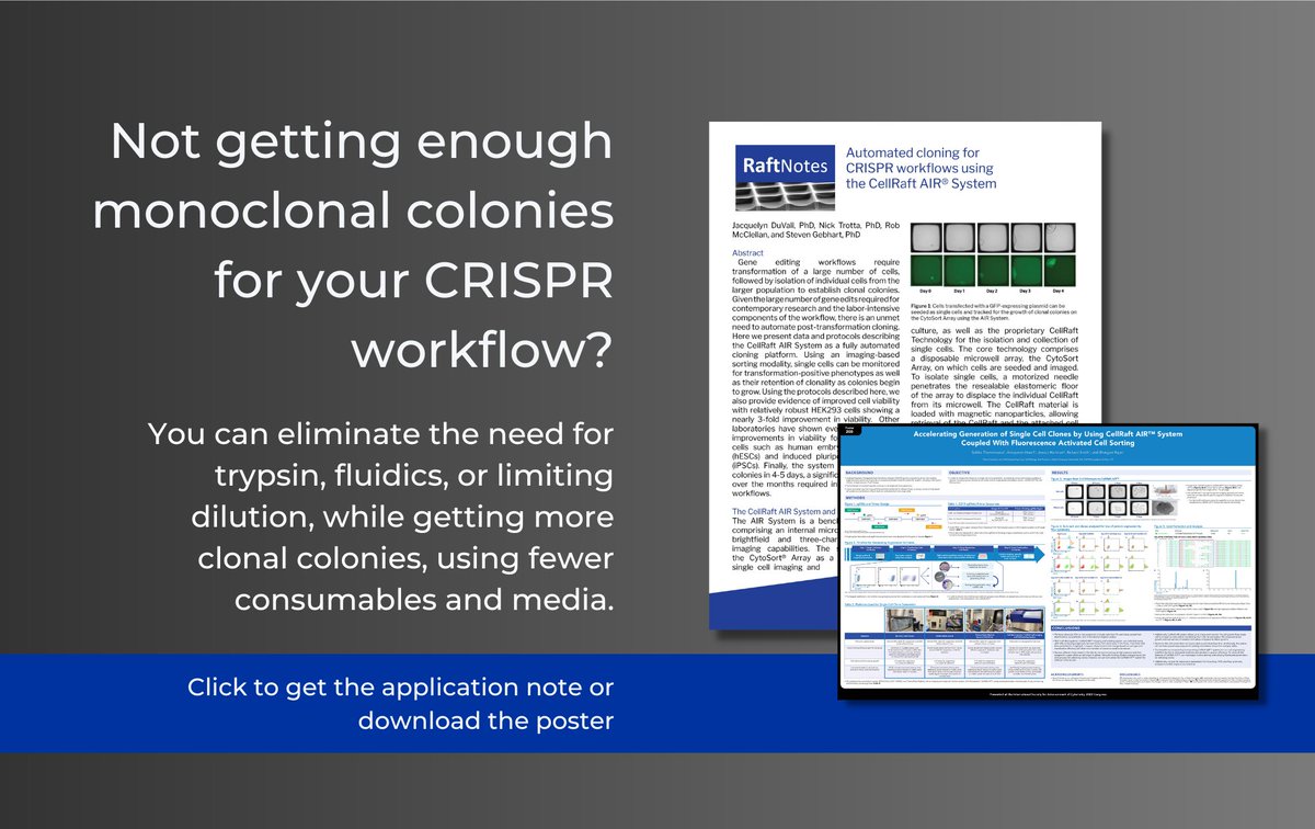 Cell Microsystems (@cellmicrosys) on Twitter photo Faster time to healthier colonies? Read the #ApplicationNote or download the #ScientificPoster to find out how: hubs.la/Q01h735J0 
#cellraft #cytosortarray #crispr #singlecell Faster time to healthier colonies? Read the #ApplicationNote or download the #ScientificPoster to find out how: hubs.la/Q01h735J0 
#cellraft #cytosortarray #crispr #singlecell