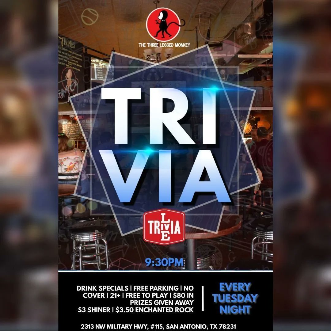 3LeggedMonkeySA's tweet photo. Y'all! Get here to your favorite neighborhood bar! Sarah is here for Happy Hour and is ready to pour all your day drinking needs! Late Night Trivia with Nancy, 9:30PM! She will make sure you get your favorites! Specials on Shiner &amp; Enchanted Rock! #monkeyaround https://t.co/uZo6zWue9E