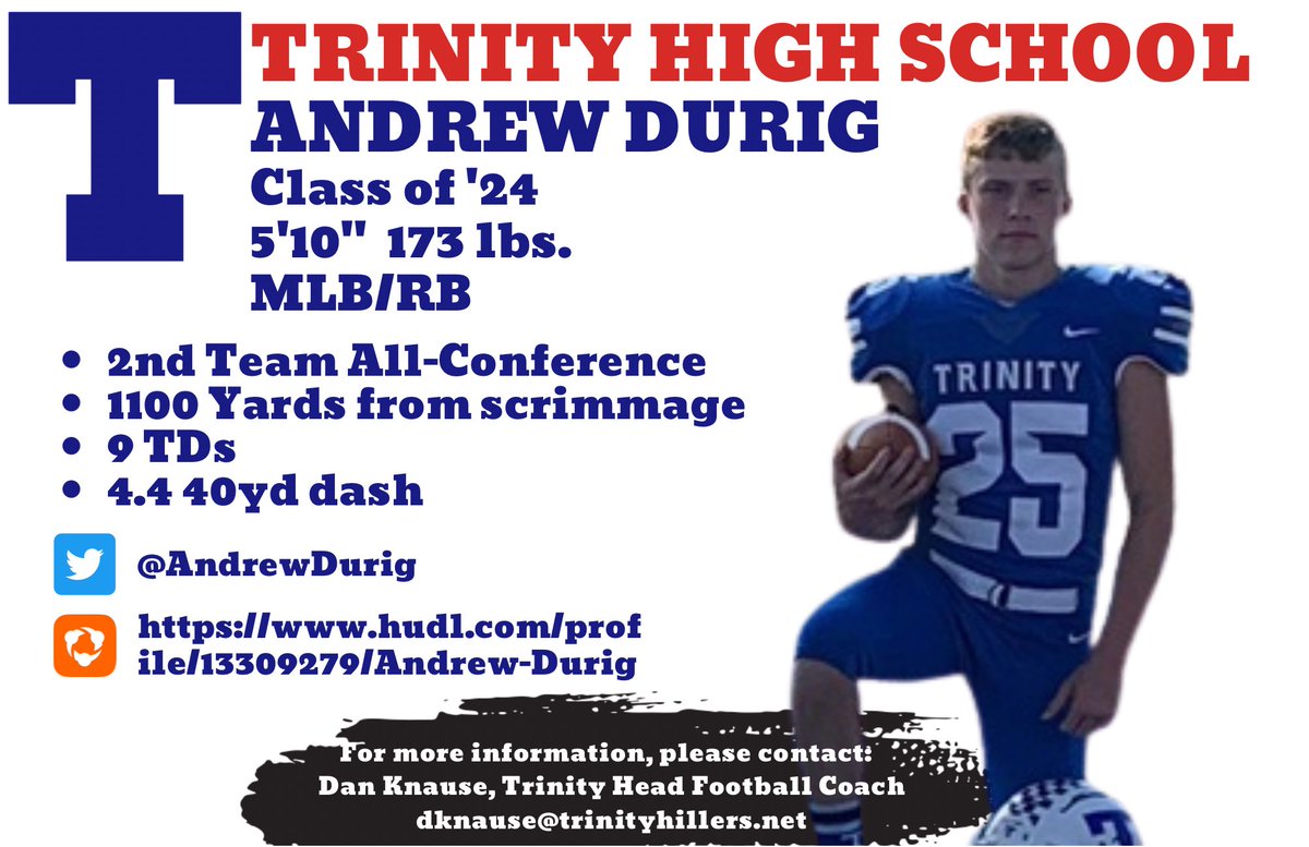 FootballHillers's tweet photo. Andrew Durig class of 2024.   @AndrewDurig had a productive sophomore season.   2 way starter.    Elite speed (fastest player at TCFCA combine). https://t.co/3SETaQ1i5Z
