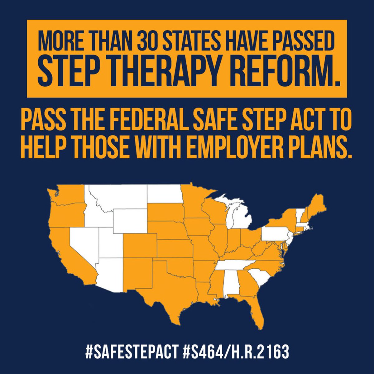 ACRheumDC's tweet photo. More than 30 states have passed #steptherapyreform. It's time for Congress to markup &amp; pass the Safe Step Act (#S464/#HR2163)! Put an end to protocols that cause delays in care &amp; put patients at risk. #SSADayOfAction @SpeakerPelosi @SenSchumer @EdLaborCmte @HELPCmteDems @GOPHELP https://t.co/ZLvgMoyPrc