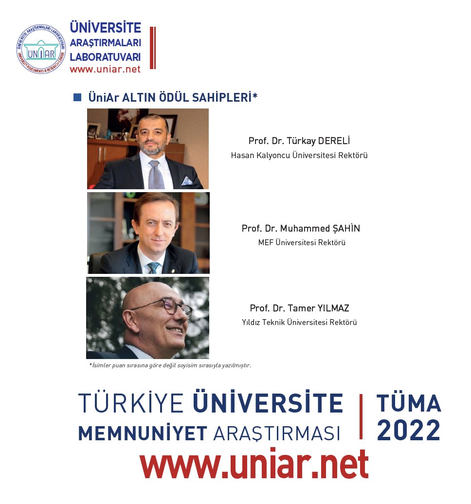 “2022 Yılı ÜniAr Üstün Performans Altın Ödüle” layık görünen Rektörler:

Türkay Dereli <a href="/TurkayDereli/">Türkay Dereli</a> <a href="/hkunv/">Hasan Kalyoncu Üniv</a>
Muhammed Şahin  <a href="/Muhammed__Sahin/">Muhammed Sahin</a> <a href="/MEFuniversitesi/">MEF Üniversitesi</a>
Tamer Yılmaz <a href="/proftameryilmaz/">Tamer Yılmaz</a> <a href="/YildizEdu/">Yıldız Teknik Üniversitesi</a>

Ayrıntılar: uniar.net/tuma
#TÜMA2022