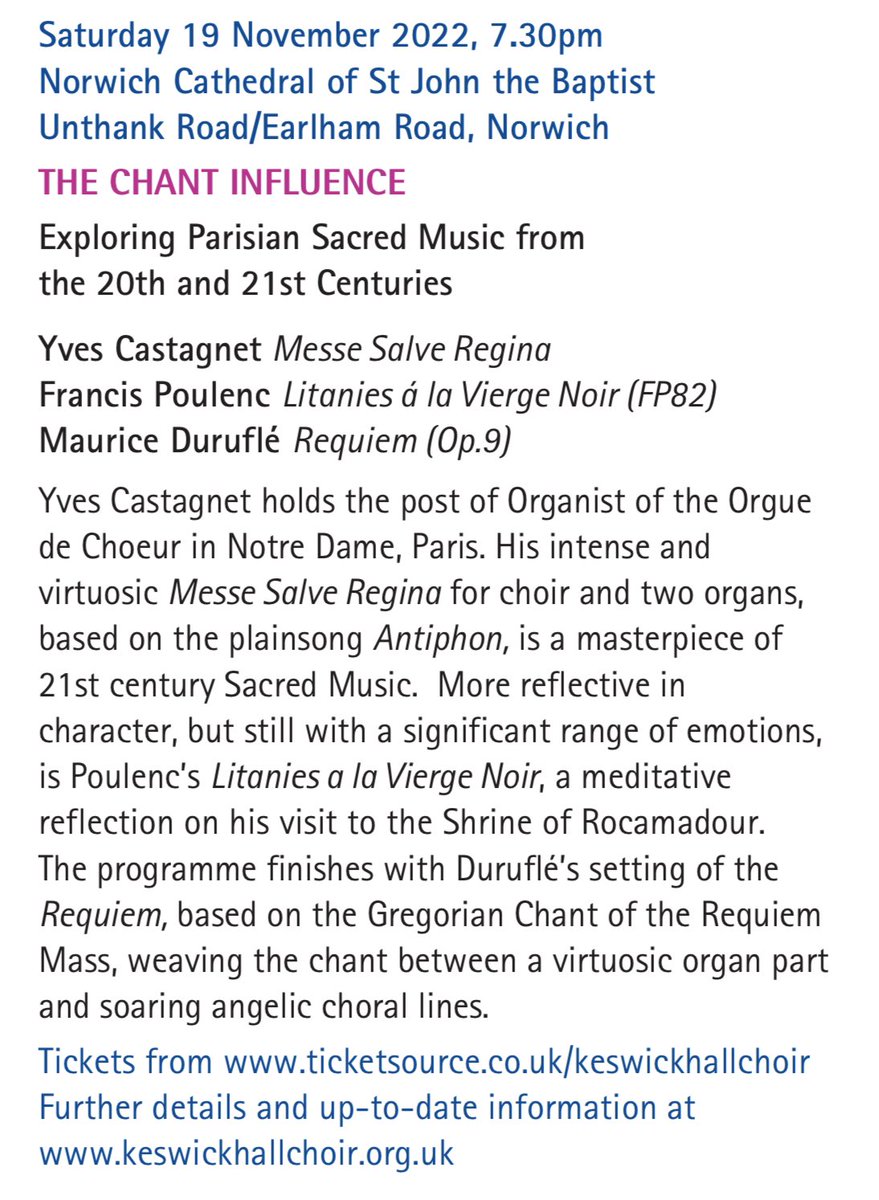 We have some amazing concerts coming up! In November we will be performing works by Duruflé, Poulenc and Castagnet, and a new commission from young Norwich composer Sebastian Johnson. Featuring Organists David Dunnett (Norwich Cathedral) and Peter Stevens (Westminster Cathedral).