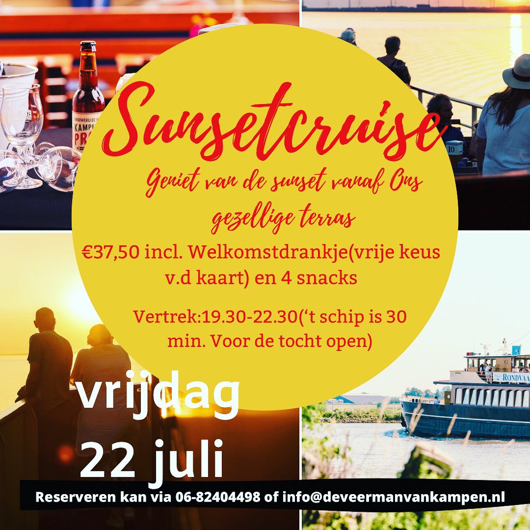 𝕊𝕦𝕟𝕤𝕖𝕥𝕔𝕣𝕦𝕚𝕤𝕖🌅

Lekker borrelen met vrienden, ontstressen na een drukke werkweek, of je vakantiegevoel nog extra op laten leven.

Eigenlijk is onze sunsetcruise hier allemaal goed voor!!!

Laat je lekker rondvaren door de prachtige IJsseldelta terwijl de avond valt.