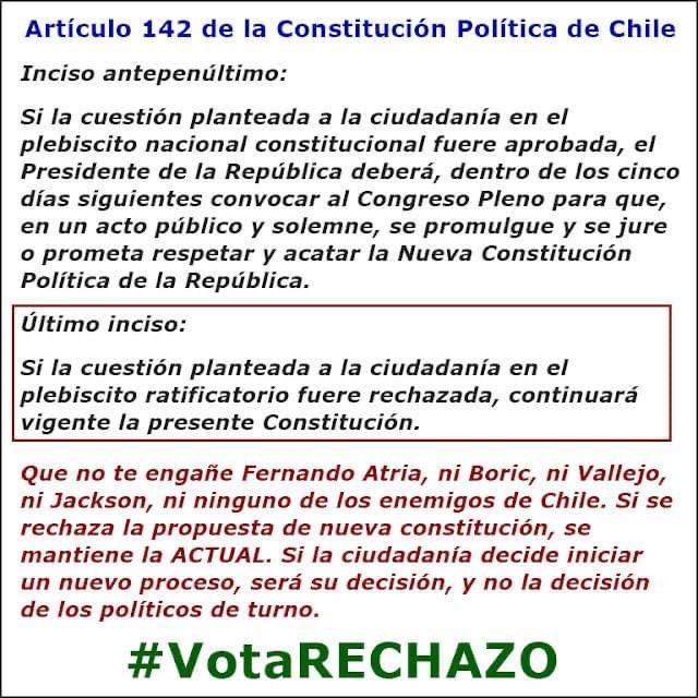 Husar1994's tweet photo. El art. 142 establece que pasa si gana el Rechazo, continuará vigente la constitución del 2005, no habla de nuevas convenciones y de acuerdo al art. 19 del CC, "Cuando el sentido de la ley es claro, no se desatendera su tenor literal, a pretexto de consultar su espíritu". https://t.co/j0eO0cAPET