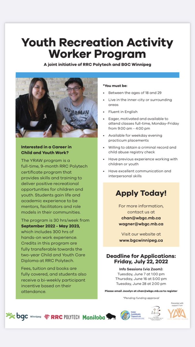 GraceyWest23's tweet photo. Please share. Wonderful opportunity: certification as Youth Recreation Activity Worker - tuition and books covered & stipend paid. Where you live in Wpg not a concern if meet criteria and are chosen at interview. Deadline Friday! #opportunity #educationpaid #endbarriers https://t.co/B24NQdUrrT
