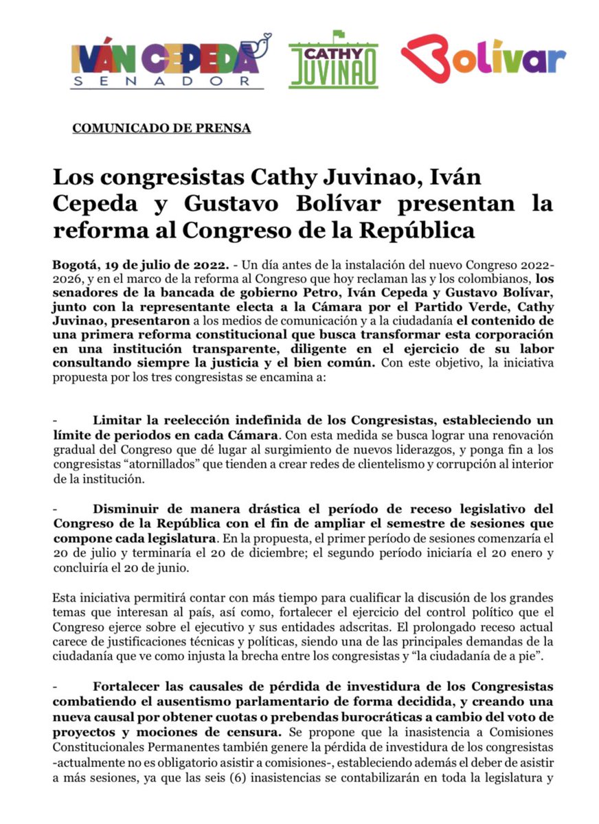 CathyJuvinao's tweet photo. 📌COMUNICADO DE PRENSA

Presentamos reforma al Congreso con @IvanCepedaCast y @GustavoBolivar para transformarlo en una institución transparente. Proponemos: disminuir salarios, reducir receso legislativo, limitar reelección y fortalecer cáusales de pérdida de investidura⬇️🏛 https://t.co/vS0y38MpMA