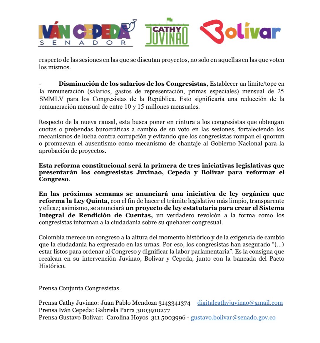 CathyJuvinao's tweet photo. 📌COMUNICADO DE PRENSA

Presentamos reforma al Congreso con @IvanCepedaCast y @GustavoBolivar para transformarlo en una institución transparente. Proponemos: disminuir salarios, reducir receso legislativo, limitar reelección y fortalecer cáusales de pérdida de investidura⬇️🏛 https://t.co/vS0y38MpMA