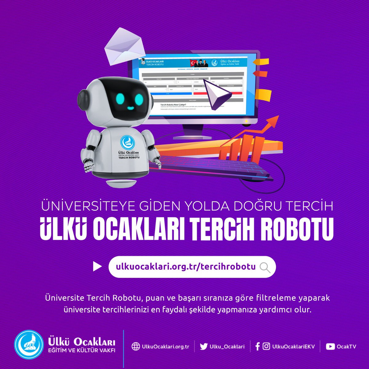 Kıymetli Gençler;
YKS2022'nin açıklanması ile beraber bu yıl da Ülkü Ocakları #TercihRobotu öğrenciler için kullanıma açıldı👩🏻‍💻🧑🏻‍💻 

Puan türü, başarı sırası aralığı, üniversite türü, doluluk/statü gibi filtrelemeleri ile üniversite tercihinizde uzman rehberlik edinebilirsiniz✅️