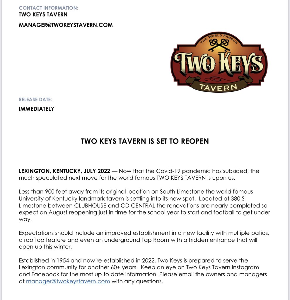 KySportsRadio's tweet photo. Longtime Lexington bar Two Keys is coming back https://t.co/MH4zGh2qI4