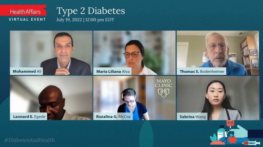 Health_Affairs's tweet photo. Our 1st panel of speakers, @mkali_twindad of @EmoryUniversity, @MariaLAlva of @massivedata_gu, Thomas Bodenheimer of @UCSFFamilyMed, Leonard Egede of @MedicalCollege, @RozalinaMD of @MayoClinic &amp; Sabrina Wang of @UChicago take questions from the audience. https://t.co/mLuqmBAIGX https://t.co/Ll7TlUSkKp