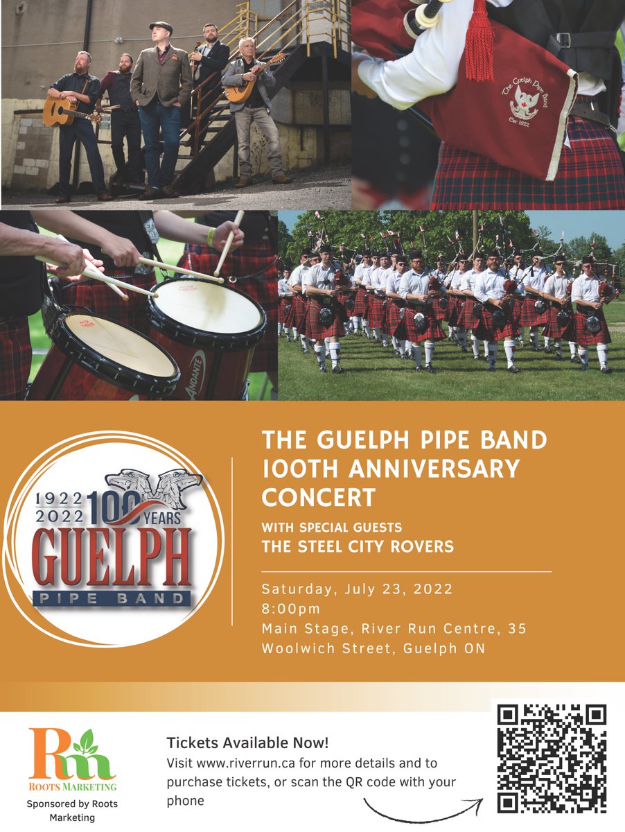 Looking for something to do this weekend? Celebrate the Guelph Pipe Band's 100th anniversary with a concert featuring special guests, the @steelcityrovers, at the @riverruncentre on Saturday.