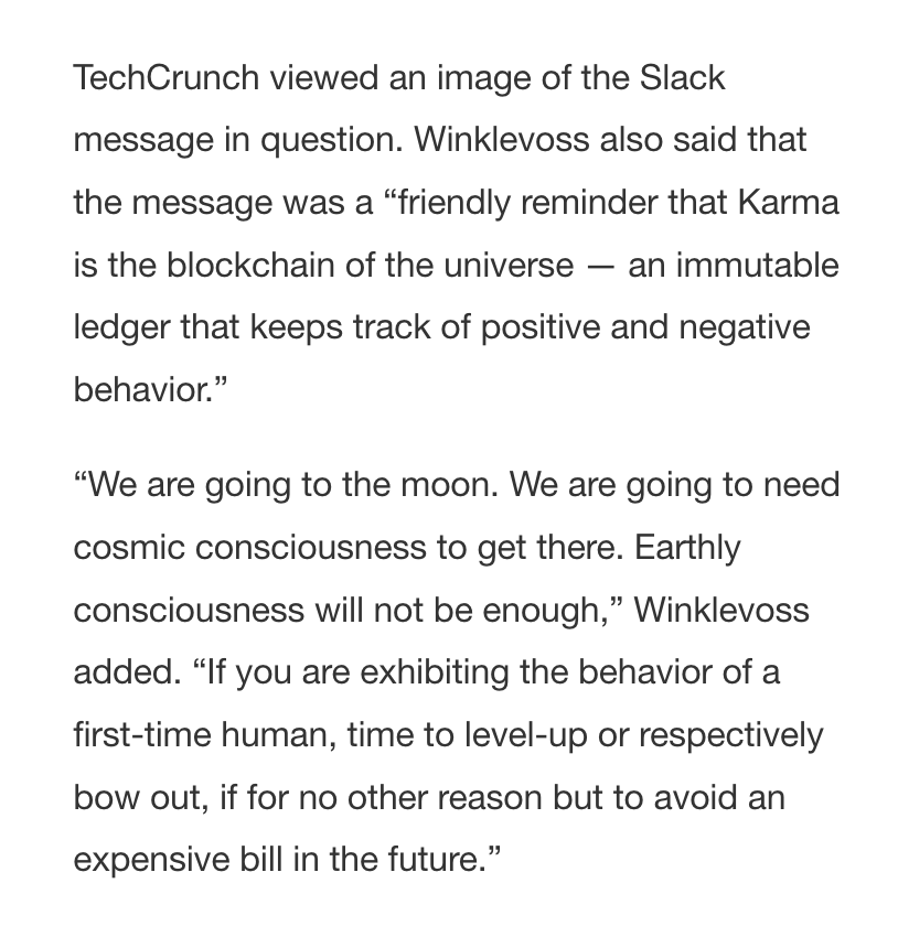 web3isgreat's tweet photo. Cameron Winklevoss: "Karma is the blockchain of the universe"
"We are going to the moon. We are going to need cosmic consciousness to get there. Earthly consciousness will not be enough" https://t.co/MNblqgS6oz