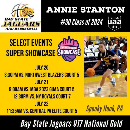 AnnieStanton24's tweet photo. Here is my schedule for The Select Super Showcase in Spooky Nook! 🔥 @LaurieBollin @CoachTyMosley @JagsRecruiting @BayStateJags https://t.co/AmMcxeDYF1