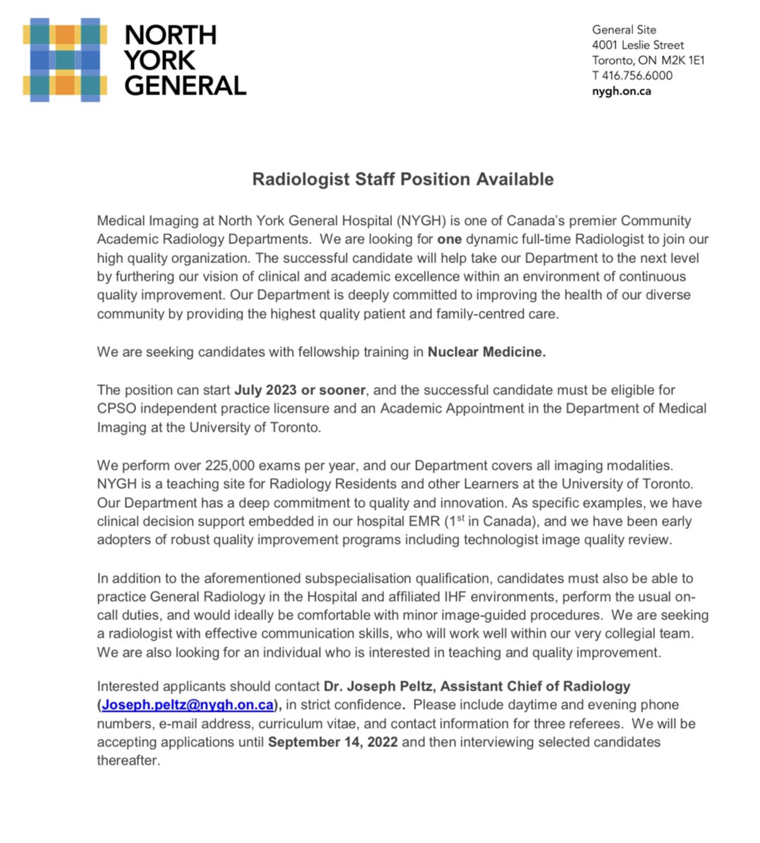 We are hiring!!  Staff position available for a Radiologist with a nuclear medicine license.  Join our amazing team <a href="/NYGH_News/">North York General</a> <a href="/UofTMedIm/">UofT Medical Imaging</a> @CARadiologists