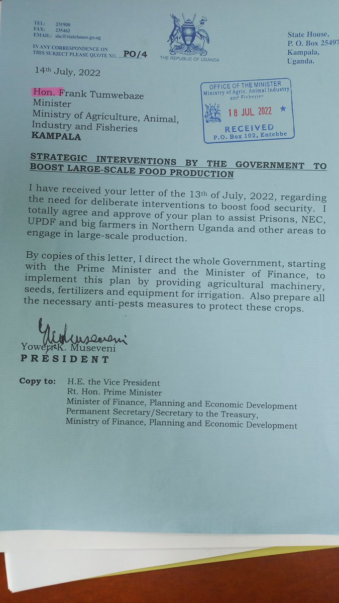 Frank K Tumwebaze,MP: Isaiah 41: 11 (@franktumwebazek) on Twitter photo Just in:
H.E <a href="/KagutaMuseveni/">Yoweri K Museveni</a> has endorsed our proposed plan to empower <a href="/UgandaPrisons/">Uganda Prisons Service</a> , <a href="/NECUPDF/">NATIONAL ENTERPRISE CORPORATION</a> , @updf_ & other farming entities in different parts of the country with reasonably big piece of land to produce food on a large scale effective next season B of August 2022. Just in:
H.E <a href="/KagutaMuseveni/">Yoweri K Museveni</a> has endorsed our proposed plan to empower <a href="/UgandaPrisons/">Uganda Prisons Service</a> , <a href="/NECUPDF/">NATIONAL ENTERPRISE CORPORATION</a> , @updf_ & other farming entities in different parts of the country with reasonably big piece of land to produce food on a large scale effective next season B of August 2022.