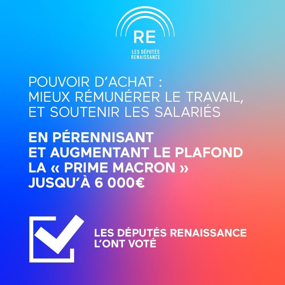 benjaminhaddad's tweet photo. Article 1 de la loi pouvoir d’achat adopté à 319 voix : triplement du plafond de la prime Macron. https://t.co/8JLt0vwh0H