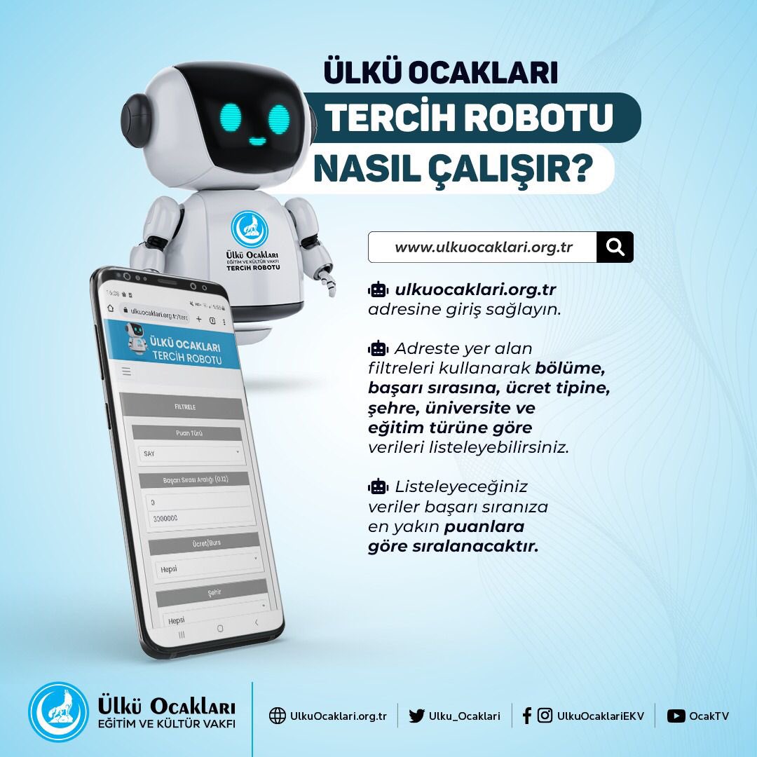 Ülkü Ocakları Üniversite #TercihRobotu, puan ve başarı sıranıza göre filtreleme yaparak üniversite tercihinizi en faydalı şekilde gerçekleştirmenize yardımcı olur.📲