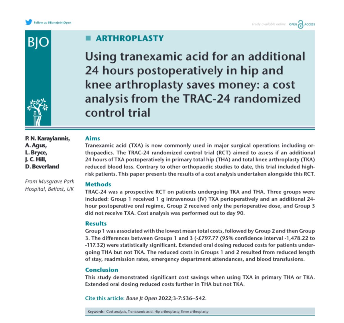 Trauma & Orthopaedics Research Charity (@torcni) on Twitter photo Our latest publication in <a href="/BoneJointOpen/">Bone & Joint Open</a> has demontrated significant cost savings when using TXA in primary THA and TKA. Extended oral dosing for 24 hours post-op reduced costs further in THA but not TKA. online.boneandjoint.org.uk/doi/full/10.13⌠#TORCresearch #research #orthotwitter <a href="/pkaray/">Paul Karayiannis</a> Our latest publication in <a href="/BoneJointOpen/">Bone & Joint Open</a> has demontrated significant cost savings when using TXA in primary THA and TKA. Extended oral dosing for 24 hours post-op reduced costs further in THA but not TKA. online.boneandjoint.org.uk/doi/full/10.13⌠#TORCresearch #research #orthotwitter <a href="/pkaray/">Paul Karayiannis</a>