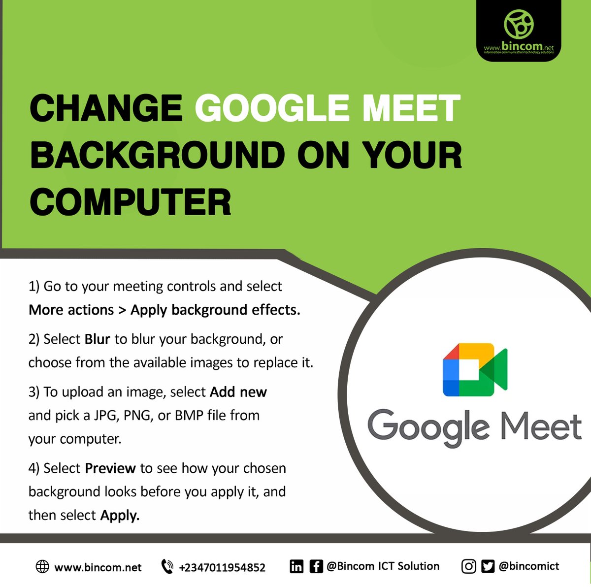 bincomict's tweet photo. It is important to have the right background for any video meeting. The tips above will guide you on how to customize your background on Google meet.
#business #makeitwork #techtips #instgrampost #expandingyourbusiness #google #googlemeet #bincom #bincomict #bincomictsolution https://t.co/MgUPfLgUNl
