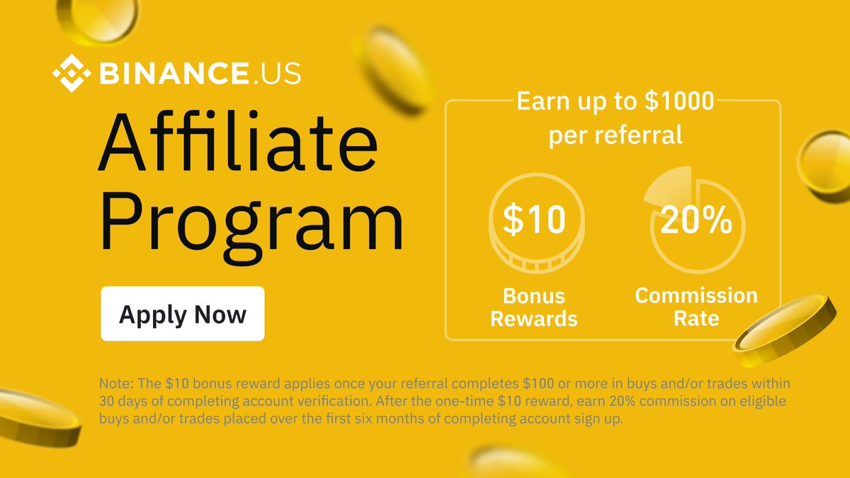 Introducing the #BinanceUS Affiliate Program! Share Binance.US with your network to get up to $1,000 for every referral.

Apply Now: binance.us/en/affiliate