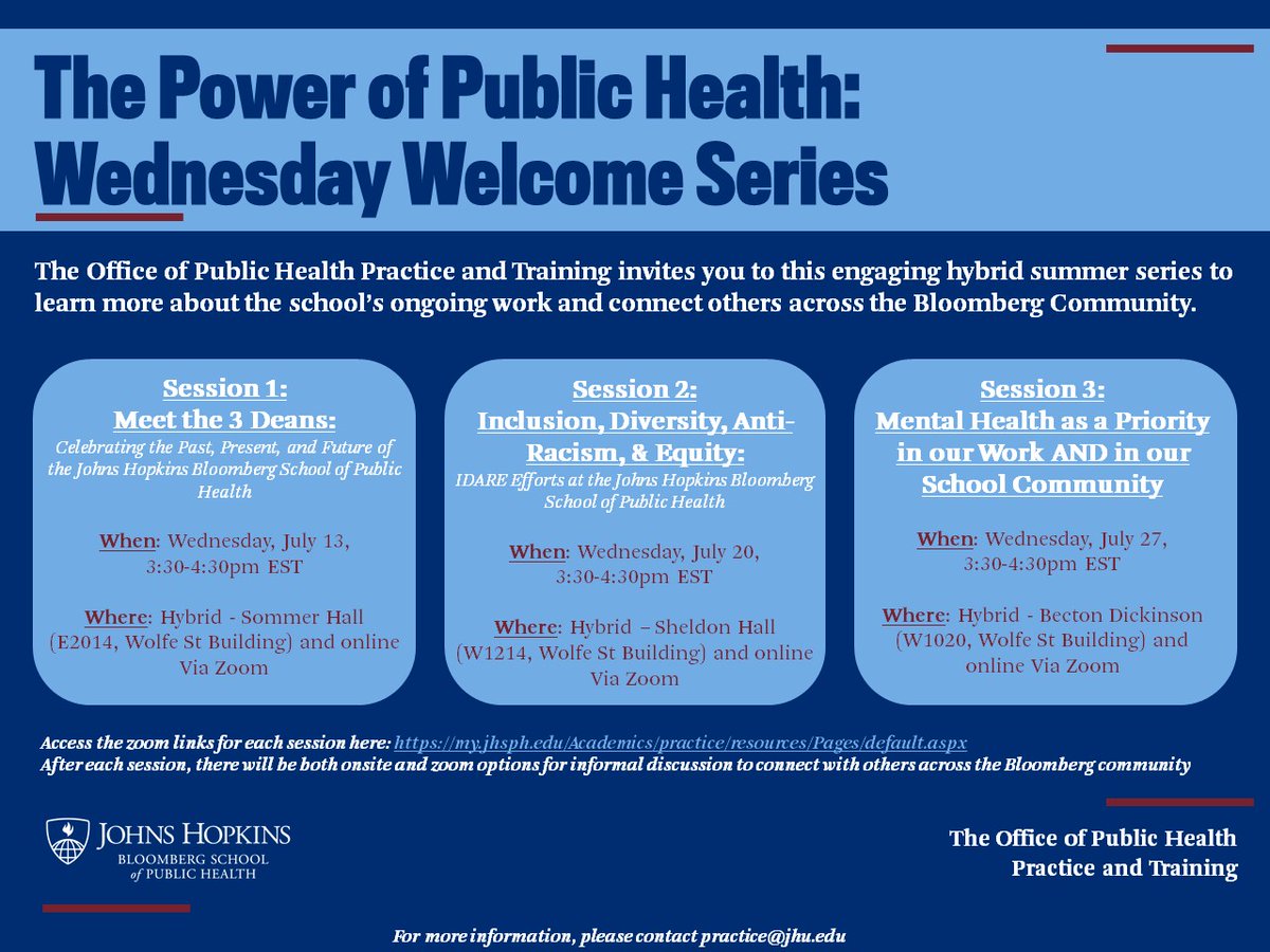 Tomorrow! Join us for the second Welcome Wednesday session, featuring a discussion on the work being done across the school and in the community to address inclusion, diversity, anti-racism, &amp; equity. This is a hybrid event in Sheldon Hall. Join online:

my.jhsph.edu/Academics/prac…