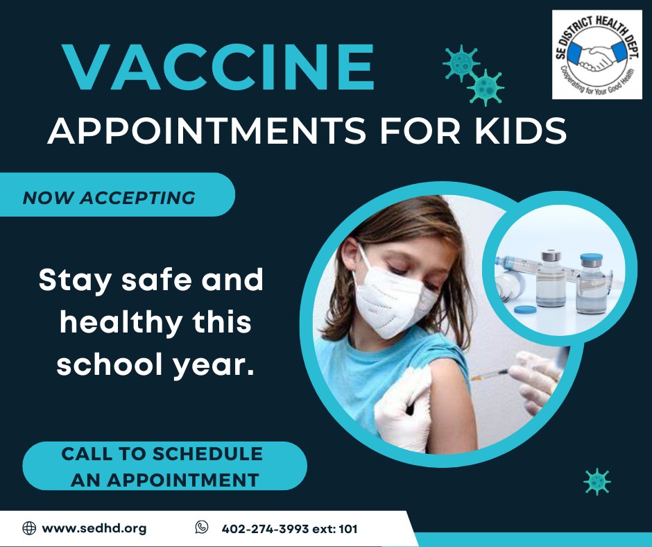 SEDistHD's tweet photo. Now accepting appointments, at the SEDHD. Children 12 years and younger, please call to schedule an appointment for vaccines. Please select an extension, 101, &amp; leave your name (of parent(s)/guardian), the best phone # to call, the child's name, and the birth date of the child https://t.co/Ar0PMOcJFg