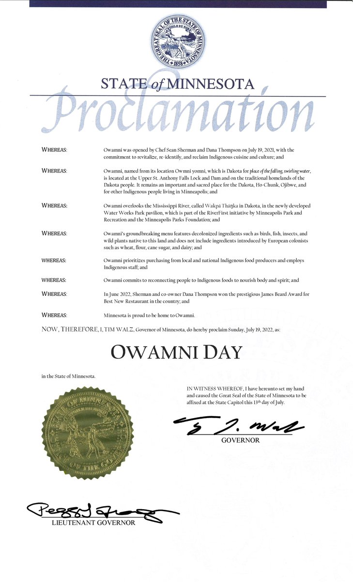 Today is <a href="/owamni/">Owamni</a> Day in Minnesota! Owamni is amazing – and <a href="/Chef_Sean/">Sean Sherman</a> and Dana Thompson’s commitment to revitalizing, re-identifying, and reclaiming Indigenous food is a gift for our entire community. Mni Sota is so proud to be the home of Owamni!