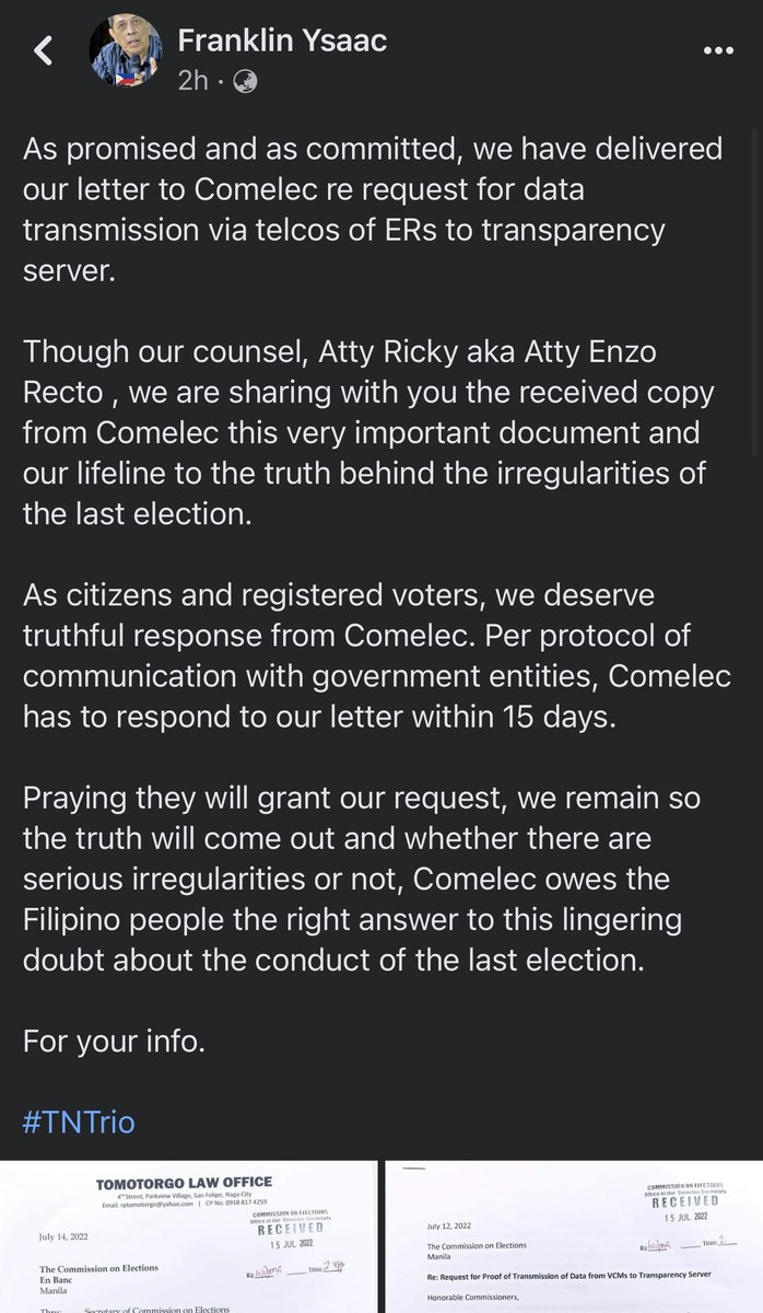 TruthPetitionPH's tweet photo. As of July 16, the TNTrio have delivered their letter of request to COMELEC via Atty. Ricky P. Tomotorgo / Atty. Enzo Recto. (1/2) https://t.co/5CS1XGkNxo