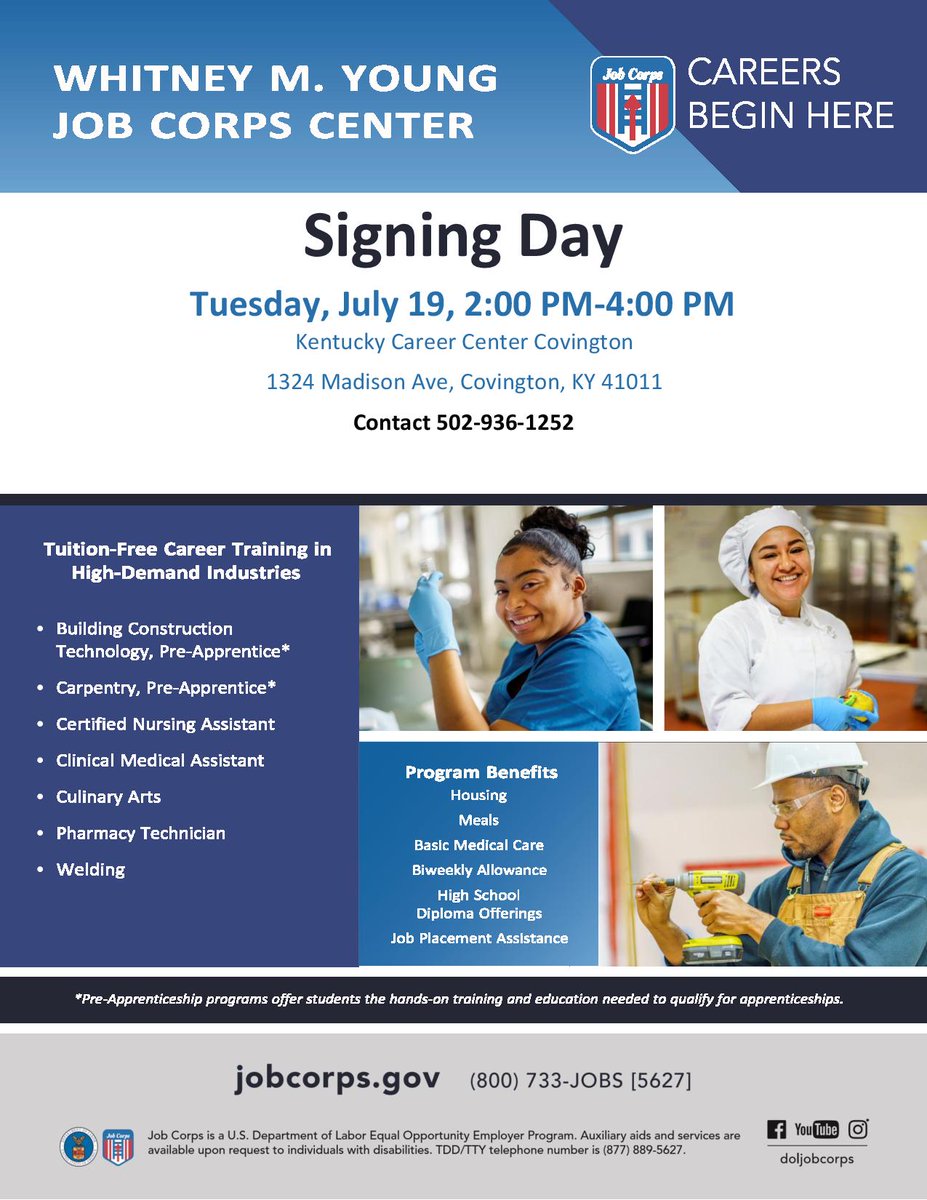 NKYCareerCenter's tweet photo. Come visit @DOLJobCorps TODAY for "Signing Day" at 2p.m. - 4p.m. The event will take place at the Kentucky Career Center in Covington (1324 Madison Ave) This event is intended to celebrate new students as they sign their letters of commitment. #jobcorp #signingday #careers https://t.co/EPJMEqHXNC
