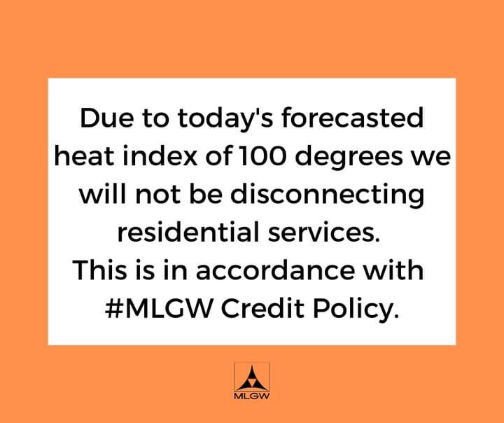 MLGW on Twitter "Due to today's forecasted heat index of 100 degrees