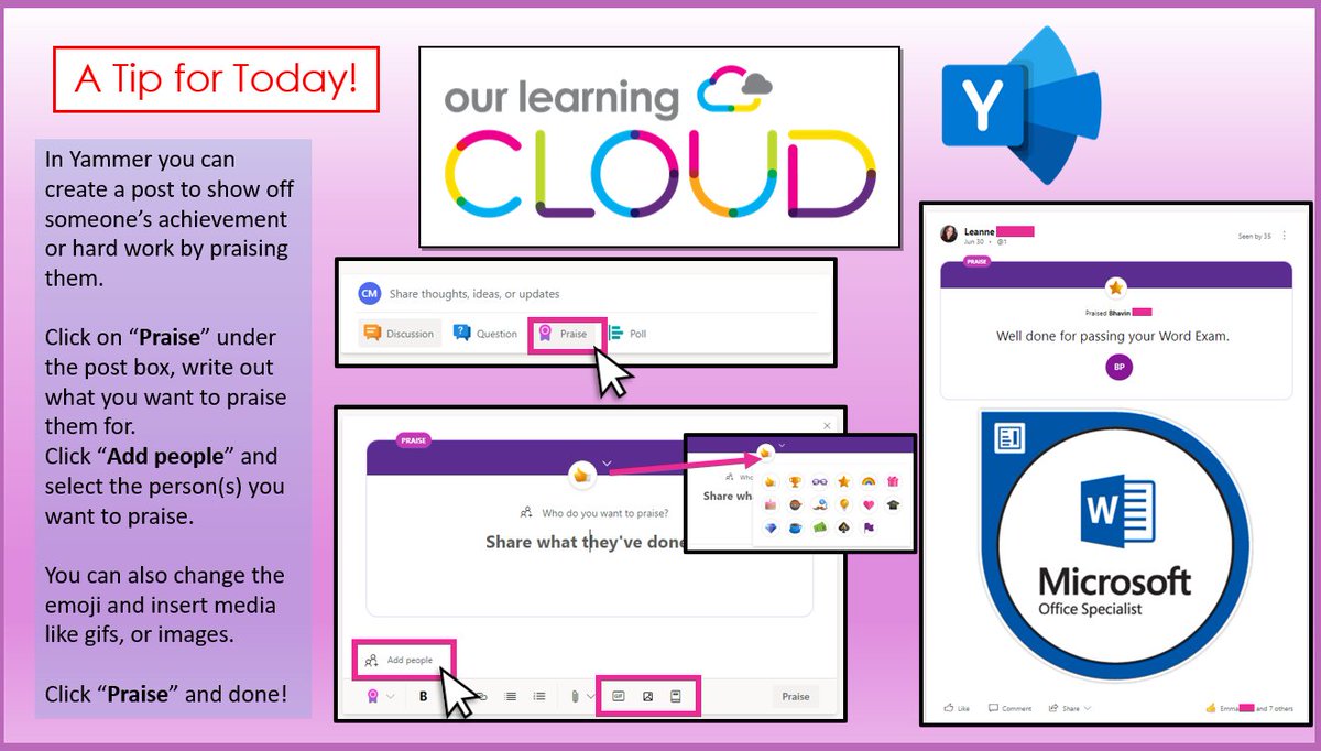 In <a href="/Yammer/">Yammer</a> you can create a post to show off someone’s achievement or hard work by praising them.

A fun way to motivate your team and share successes!

#Yammer #EdTech #OLC_TFT