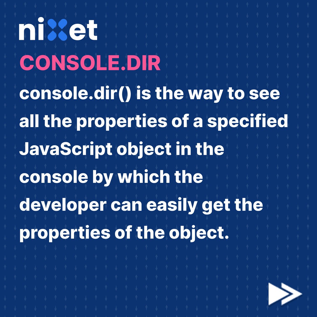 nixetofficial's tweet photo. A console method is an object used to access the browser debugging console. With the help of console methods, we can print messages, warnings, and errors to the browser console, which helps debug purposes.

#nixet #debugging #javascript #nixetian #javascriptconsole https://t.co/gcbRfEwiH1