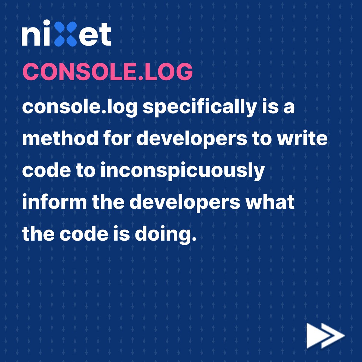 nixetofficial's tweet photo. A console method is an object used to access the browser debugging console. With the help of console methods, we can print messages, warnings, and errors to the browser console, which helps debug purposes.

#nixet #debugging #javascript #nixetian #javascriptconsole https://t.co/gcbRfEwiH1