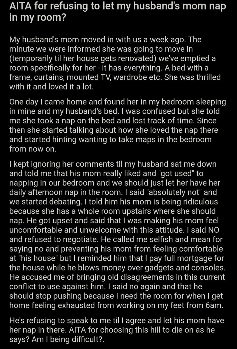 AITA_online's tweet photo. AITA for refusing to let my husband's mom nap in my room? https://t.co/mQW0Zhmann https://t.co/gSobesrMXx