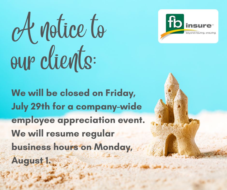 A heads up! We'll be closed on Friday, July 29 for a company-wide employee appreciation event. ☀ We'll reopen on Monday, August 1 with regular business hours. If you need to file a claim you can call (800) 734-6604 and follow the prompts for CSR24 📲