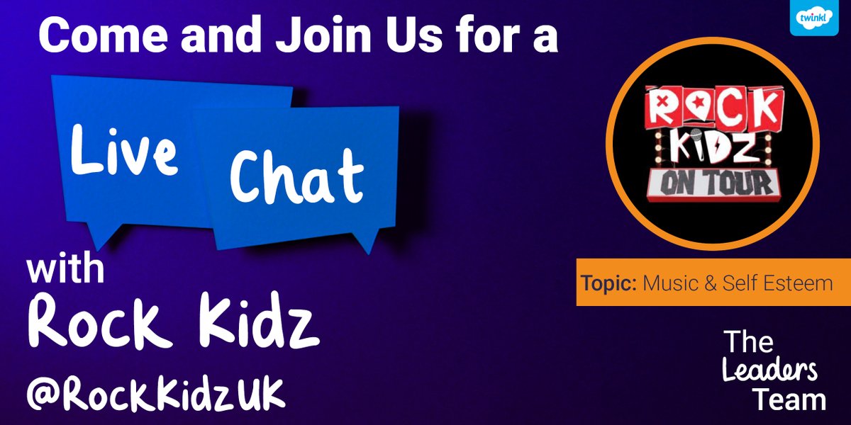 TwinklSLT's tweet image. Hello and welcome to #TheLeadersTeam live chat with @RockKidzUK. Tonight we are talking about Self-Esteem and music, it is going to be electric! We begin in 5 minutes, while you wait, tell us below what your walk on song would be when you deliver INSET training in September!