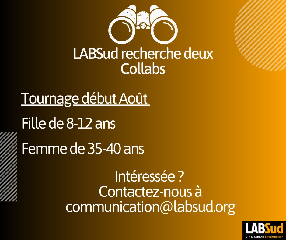 LabSud's tweet image. Nous avons besoin de vous 🎥 Tournage vidéo 🎥
Vous êtes intéressée ? Envoyez nous une photo portrait et une sur pied récente, date de naissance, ville de résidence et numéro de téléphone.
Projet non rémunéré, mais goodies offerts (t-shirts, porte clés etc)
#fablab #Montpellier