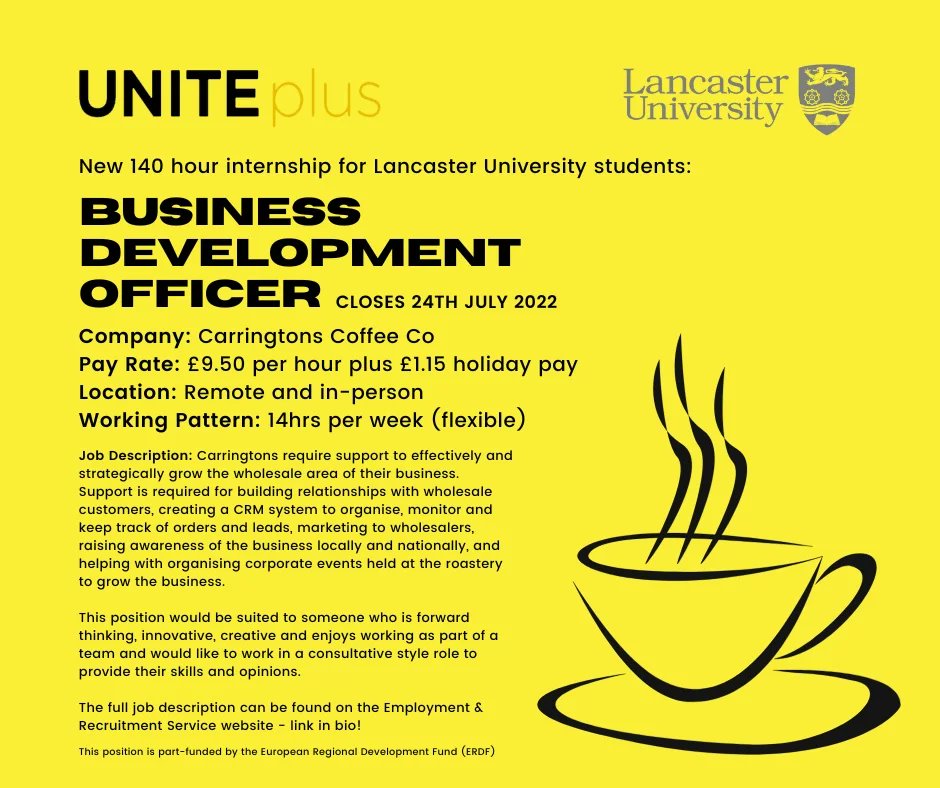 UNITEplusLanc's tweet photo. New: 140 Hour Internship

Paid: National Living Wage

Company: Carringtons Coffee Co

Closing Date: 24/07/22

Apply via ERS today:
https://t.co/ClpzmSoKnv https://t.co/jZZxCBoMpU
