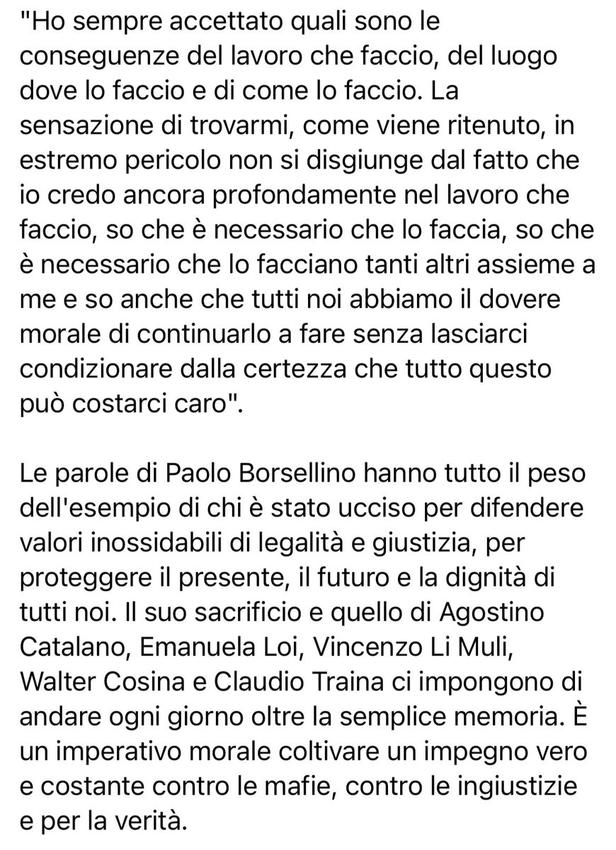 GiuseppeConteIT's tweet photo. Le parole di #PaoloBorsellino hanno il peso dell’esempio di chi è stato ucciso per difendere valori inossidabili di legalità e giustizia, per proteggere il presente, il futuro e la dignità di tutti noi. Il suo sacrificio ci impone di andare ogni giorno oltre la semplice memoria. https://t.co/KQg7Xh6z3V
