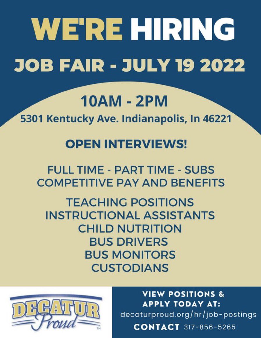 Join our amazing team!  Come out to the Decatur Township Job Fair today from 10AM - 2PM.  #DecaturProud <a href="/MSDDecatur/">MSD Decatur</a>