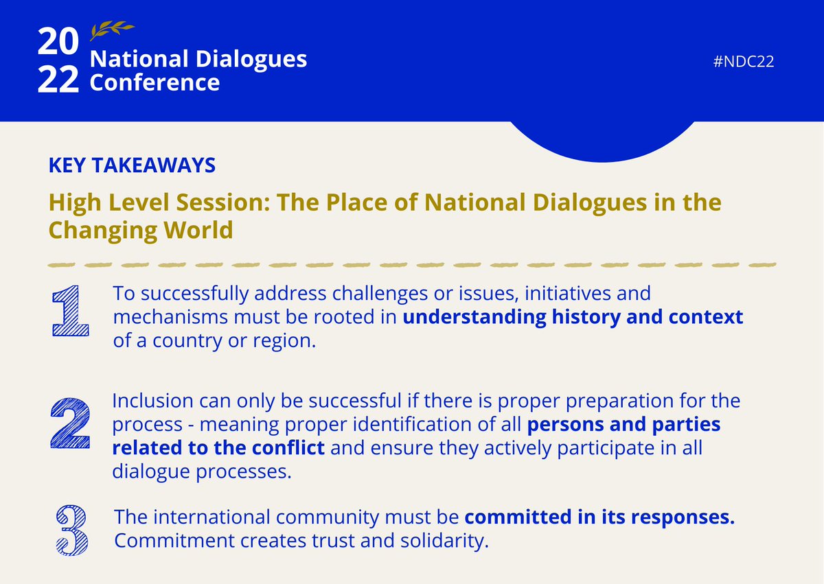 TRUST. For #NationalDialogue processes to be effective, there needs to be trust in the organizers &amp; in the process.  

See additional recommendations for effective #nationaldialogues from #NDC22 opening panelists ⬇️

<a href="/HannaTetteh/">Hanna Tetteh</a> <a href="/maria_raczynska/">Maria Raczyńska</a> <a href="/Haavisto/">Pekka Haavisto</a> 
📷M. Santto <a href="/cmioffice/">CMI – Martti Ahtisaari Peace Foundation</a>