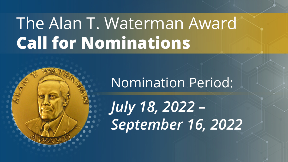 NSF's tweet photo. Know a bright young scientist or engineer 🔬⚙ doing outstanding work? Time to give them their due!

NSF is accepting nominations for the Alan T. Waterman Award – the nation's highest honor for early-career STEM professionals supported by the foundation. https://t.co/wB42UN9iQj https://t.co/n25Cs4hzlq
