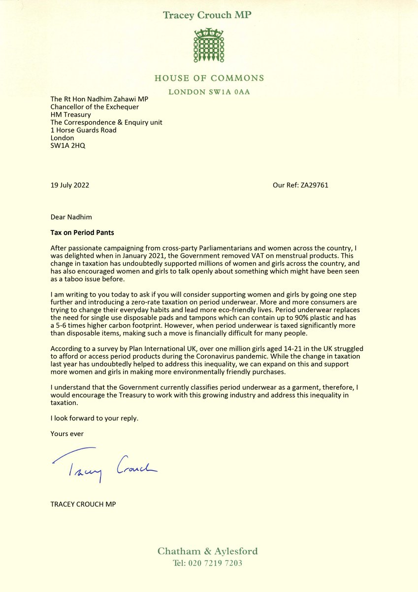 tracey_crouch's tweet photo. Period pants, the eco-friendly/sustainable menstrual product, still has a 20% VAT rate unlike other products which we thankfully zero rated. It is odd we make the product with less plastic/carbon footprint most expensive. My letter to Chancellor below @bloodygood__ @PantsTax https://t.co/YotMO6pOQ3