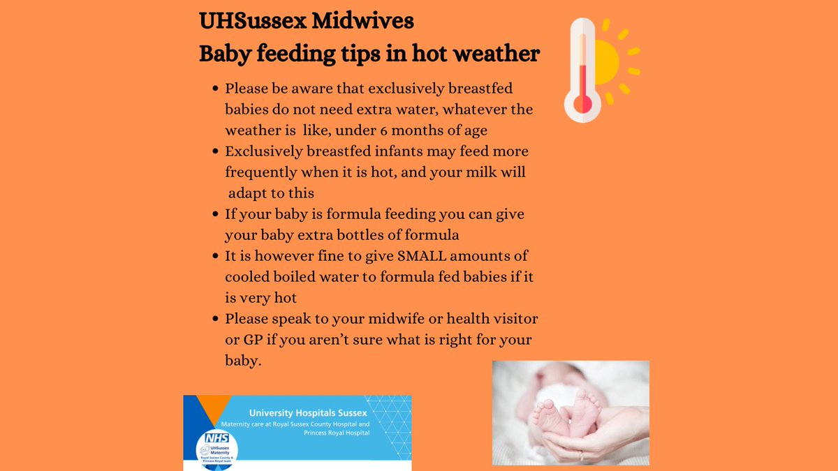 UHSussexMatServ's tweet image. ➡️ We do NOT recommend giving water to exclusively breastfed babies under 6 months.

💧DO stay inside in the cool today and make sure you are drinking water frequently. 

➡️ Please speak to your Midwife or Health Visitor if you aren’t sure what your baby needs.
