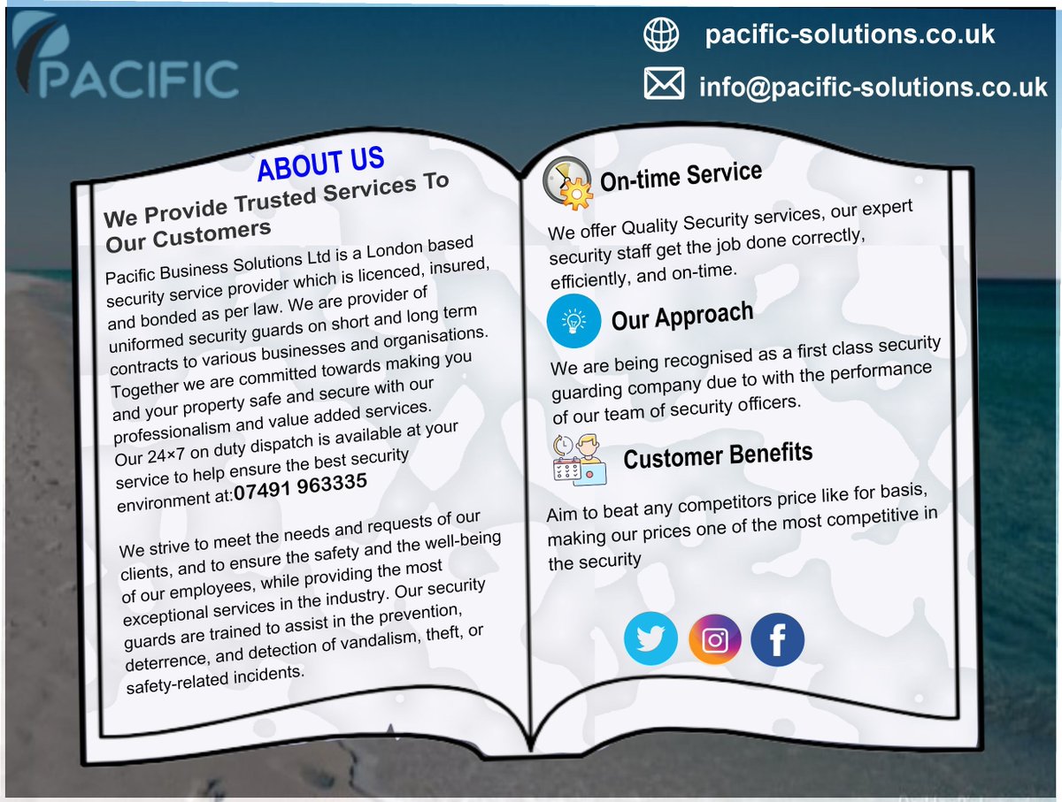 ABOUT US 📜
We Provide Trusted Services To Our Customers 
Pacific is a London based security service provider which is licensed, insured,&amp; bonded as per law. We are provider of uniformed security guards on short and long term contracts to various businesses and organizations.