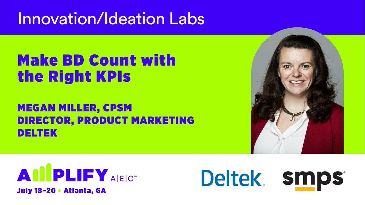 <a href="/amplifyaec/">amplifyaec</a> Session Spotlight! Make BD Count with the Right KPIs, today at 4:30 in Grand Ballroom B with Megan Miller <a href="/Deltek/">Deltek</a>. Visit #TeamDeltek on the Galleria level to discuss the latest #BD and marketing best practices. Thank you to Deltek for being a Champion sponsor! #smps