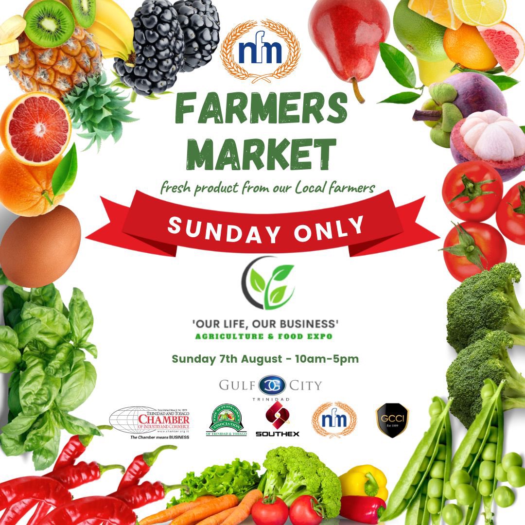 SATTfeed's tweet photo. The Agricultural &amp; Food Expo - 3rd-7th August, Gulf City - the first major agricultural expo in a very long time!! On 7th Aug we will feature an exclusive ' NFM Farmer's Market' featuring 40 local farmers and their fresh produce. #supermarketassociationoftrinidadandtobago https://t.co/BmX5pMeYaR