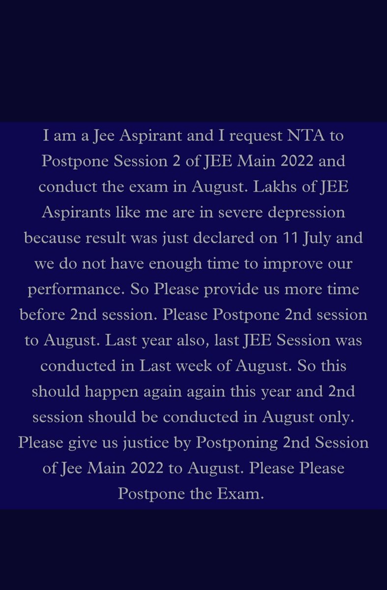 PranavPatil462's tweet photo. #JEEStudentsWantJustice
Please postpone session 2 jee main 2022 https://t.co/WWPjSwvgmD